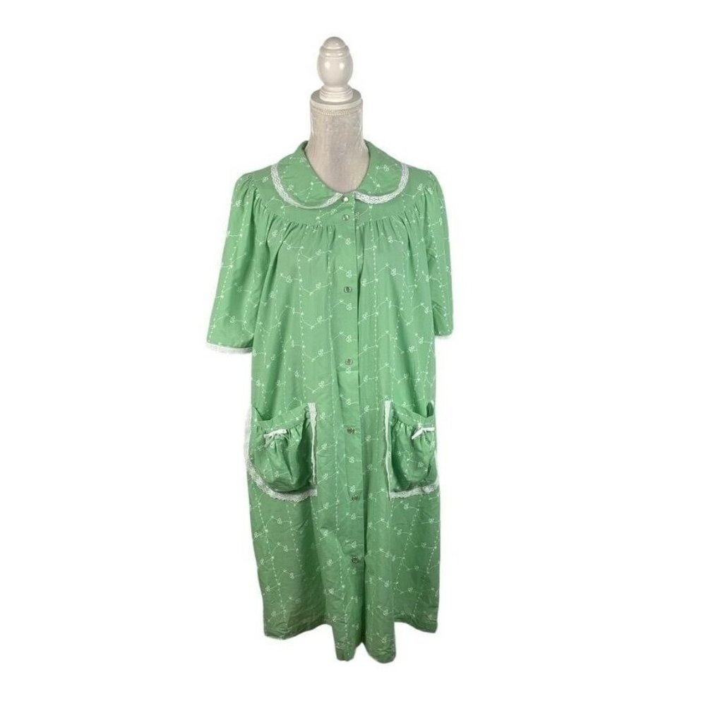 Vintage Green Handmade Housecoat Smock Pearl Snap Peter Pan Collar Housewife M/L